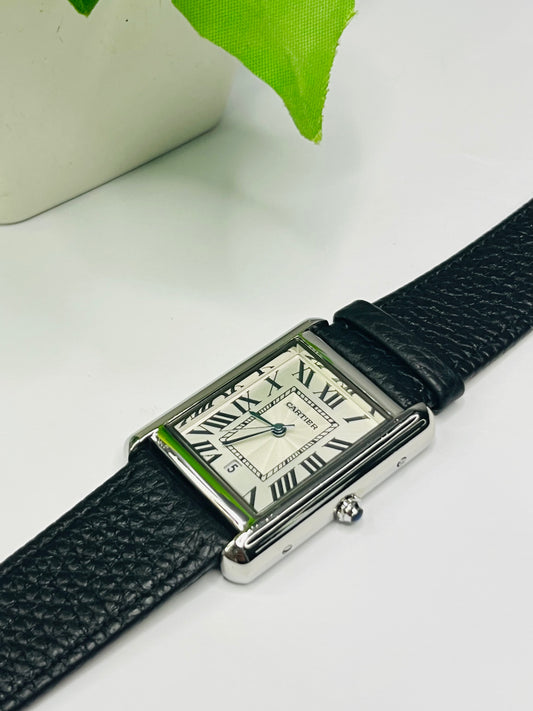 Cartier Tank Style — White Roman Numeral Dial, Black Leather Strap⌚