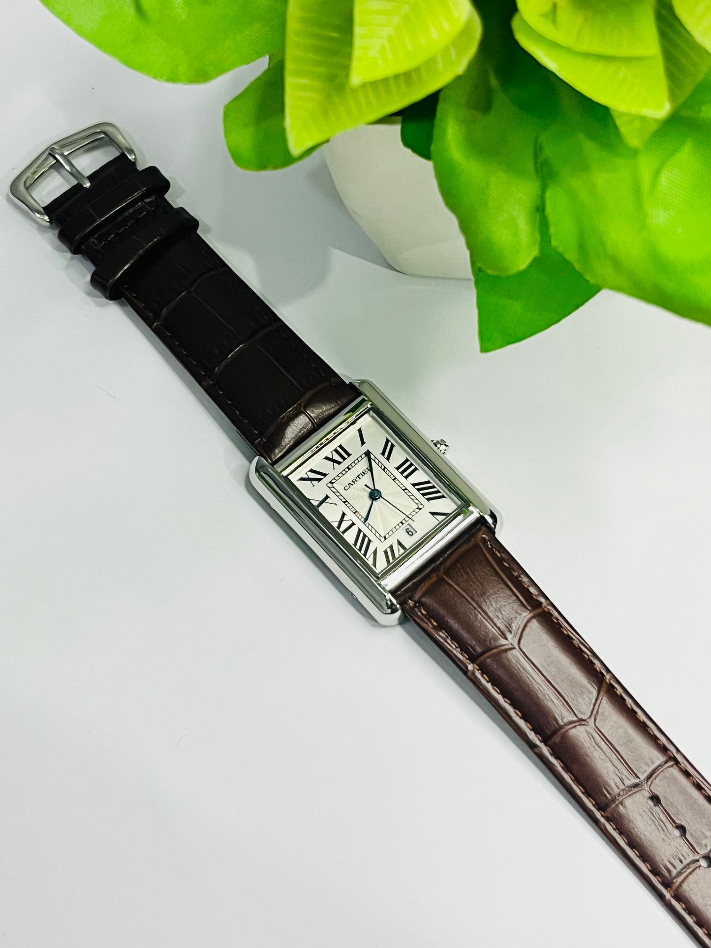 Cartier Tank Style — White Roman Numeral Dial, Brown Leather Strap⌚