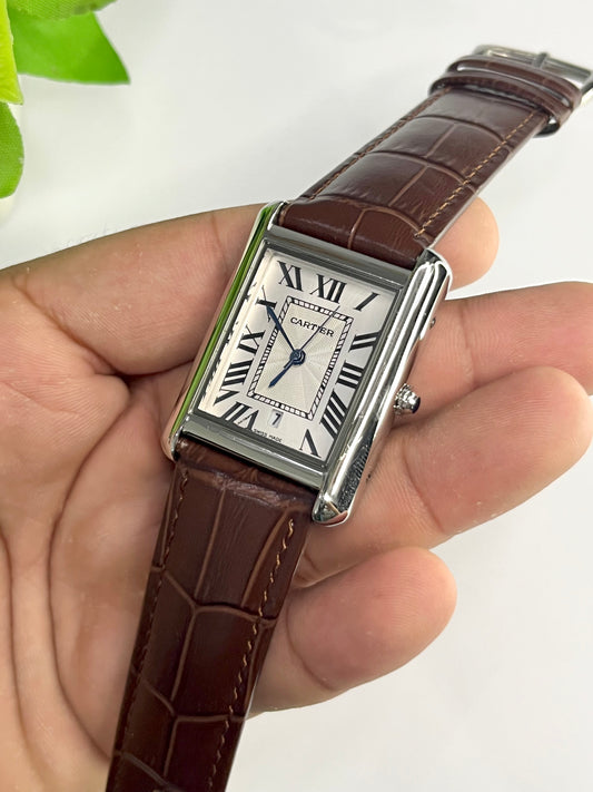 Cartier Tank Style — White Roman Numeral Dial, Brown Leather Strap⌚