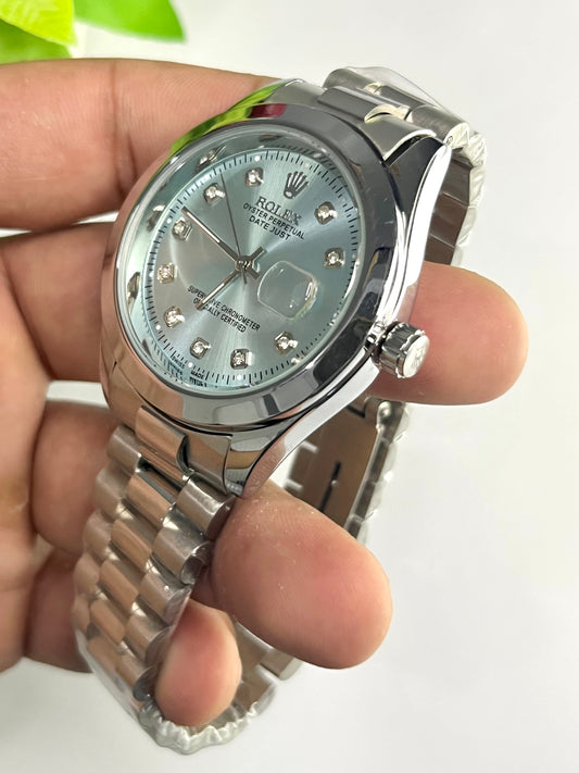 Rolex Datejust Style — Ice Blue Diamond Dial, Silver Bracelet⌚