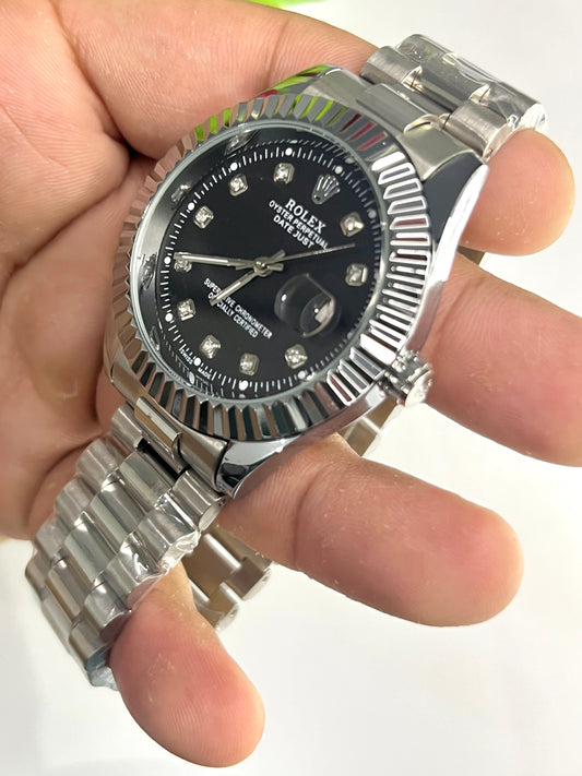 Rolex Datejust Style – Black Diamond Dial, Silver Bracelet⌚
