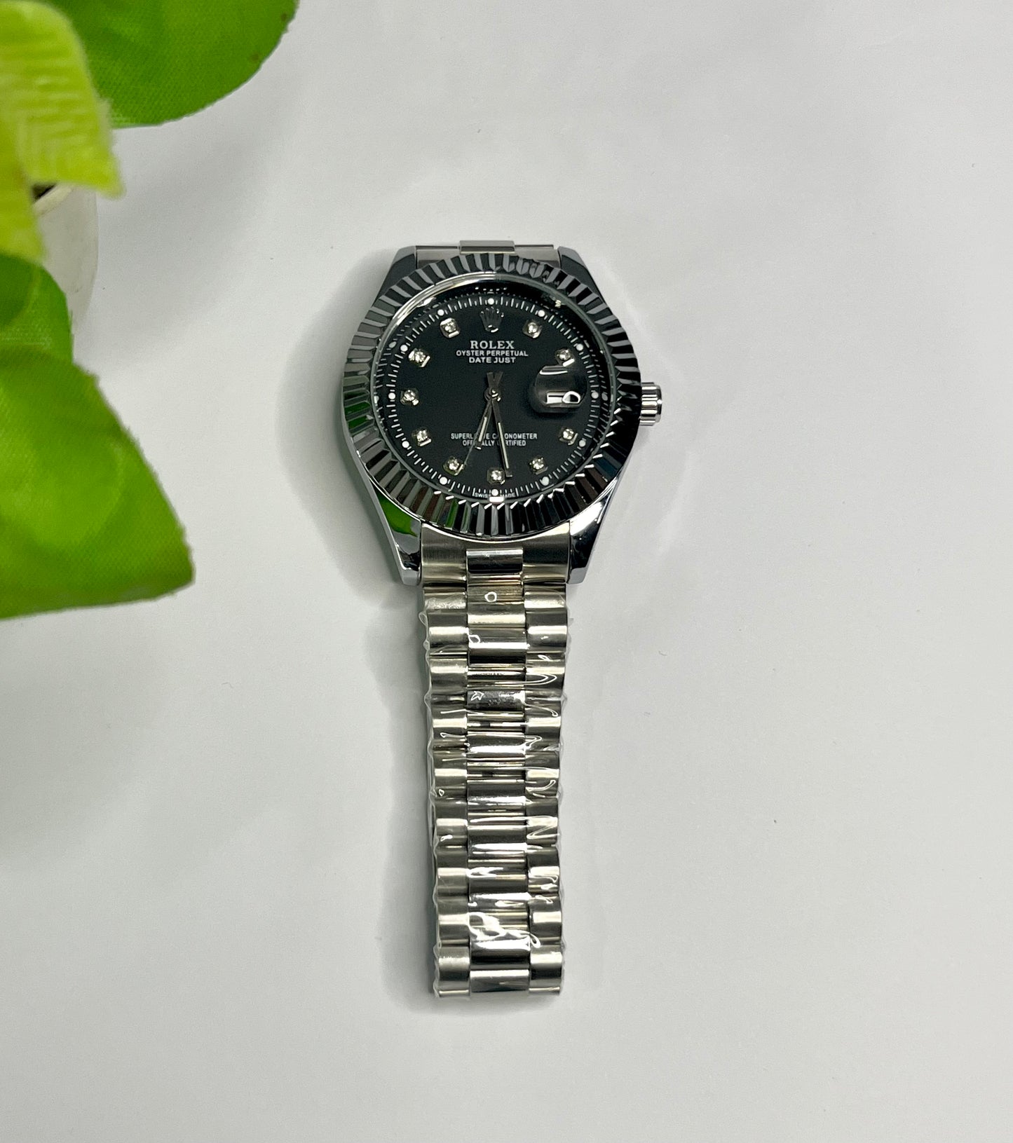 Rolex Datejust Style – Black Diamond Dial, Silver Bracelet⌚