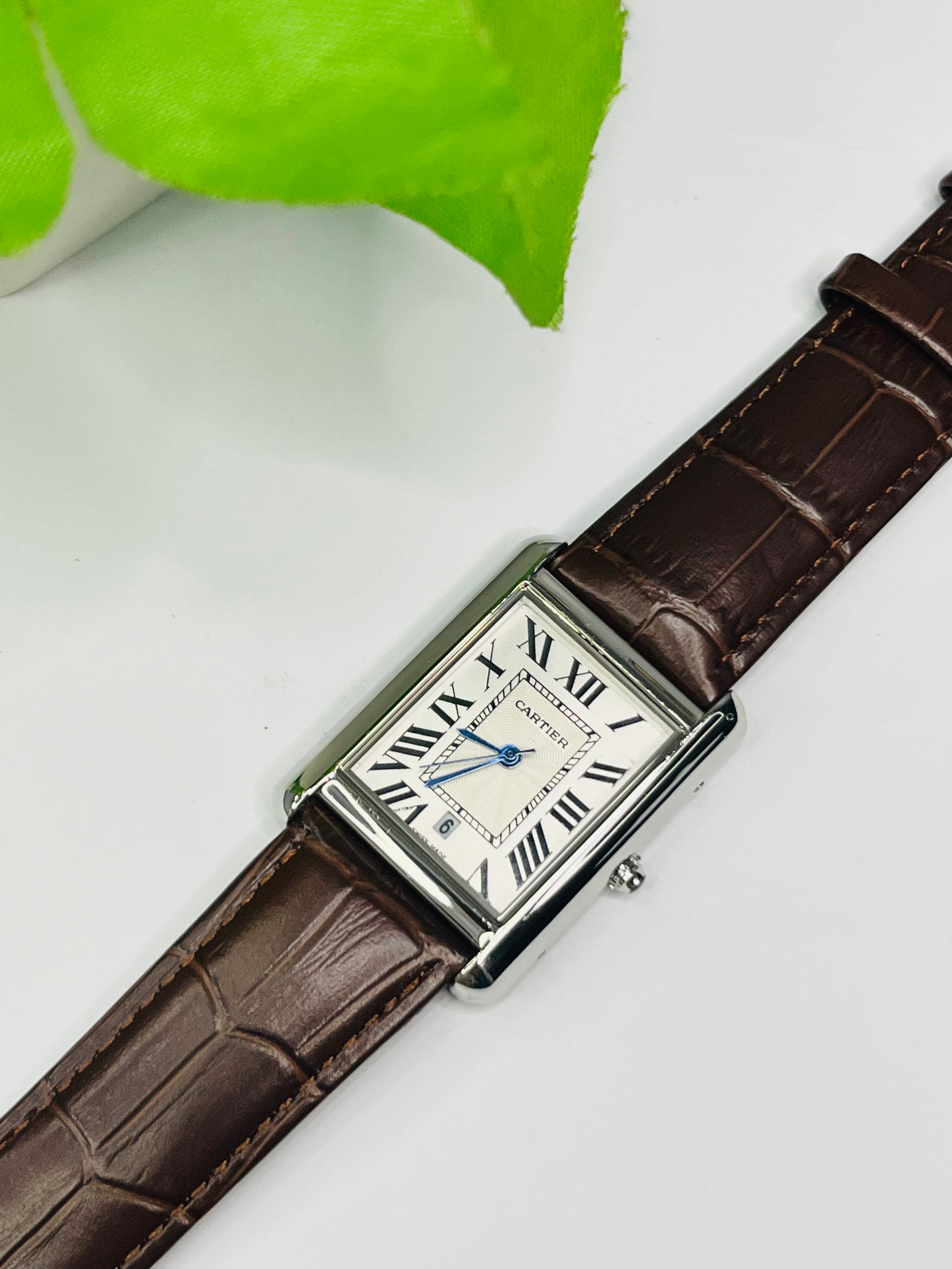 Cartier Tank Style — White Roman Numeral Dial, Brown Leather Strap⌚