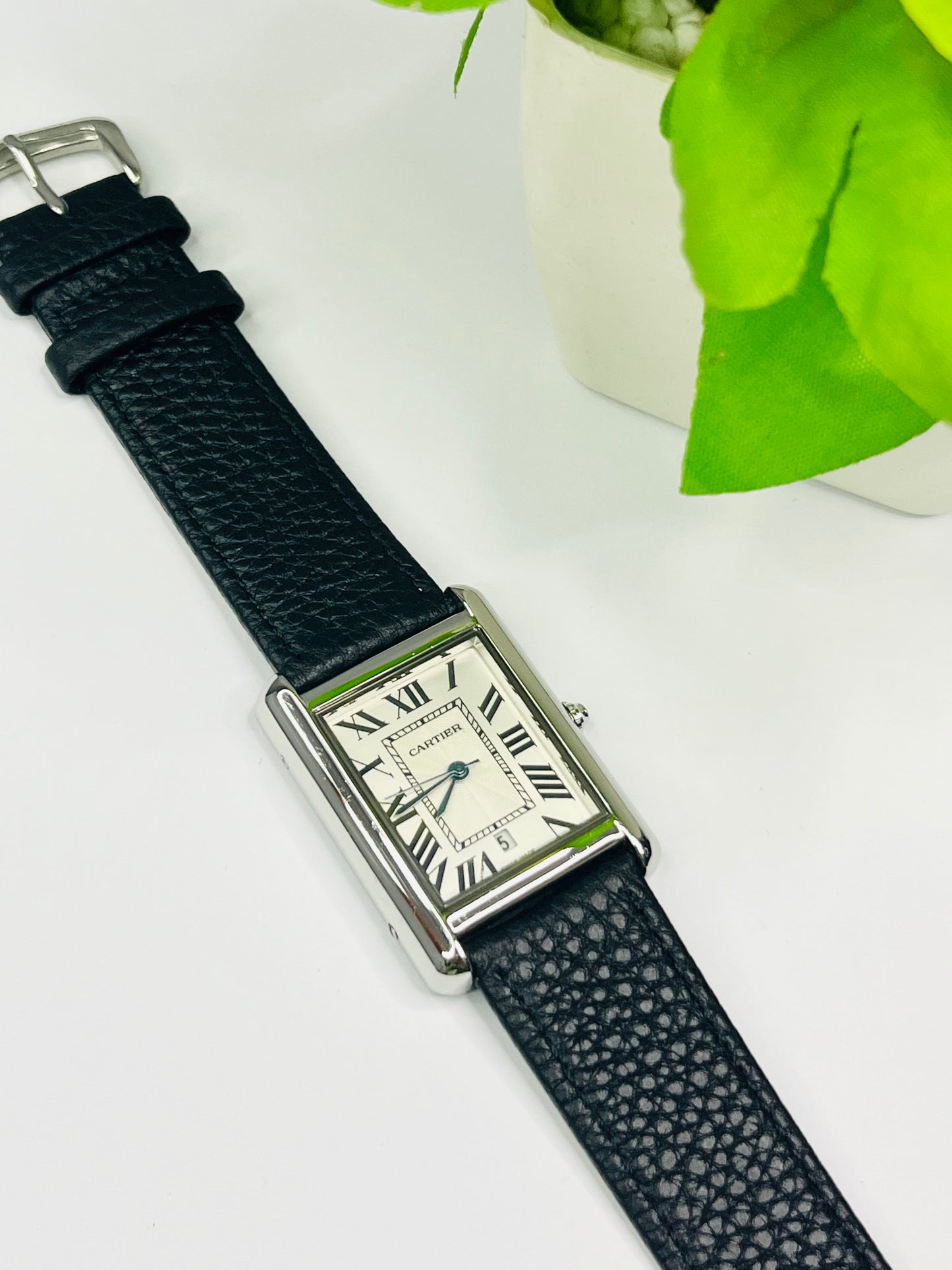 Cartier Tank Style — White Roman Numeral Dial, Black Leather Strap⌚