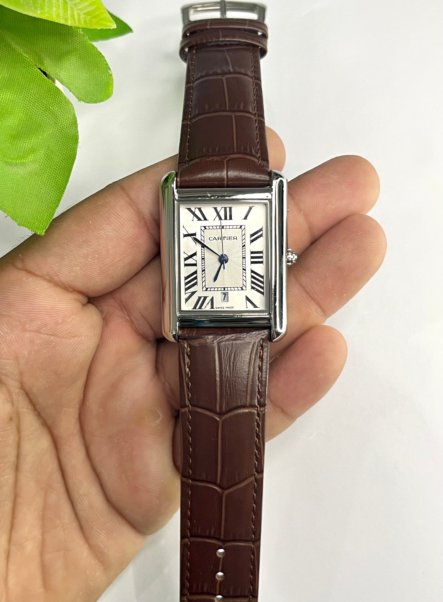 Cartier Tank Style — White Roman Numeral Dial, Brown Leather Strap⌚