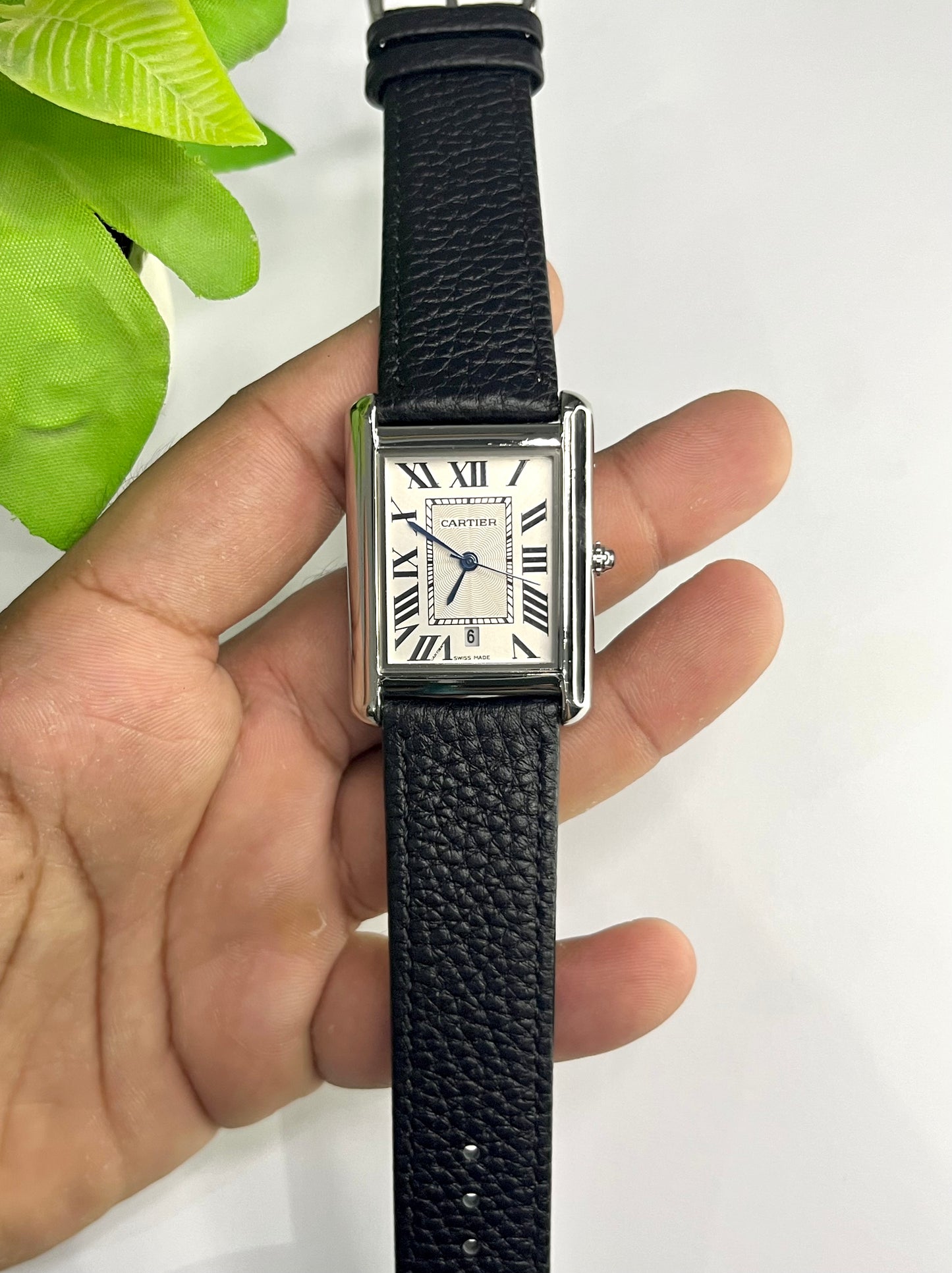 Cartier Tank Style — White Roman Numeral Dial, Black Leather Strap⌚