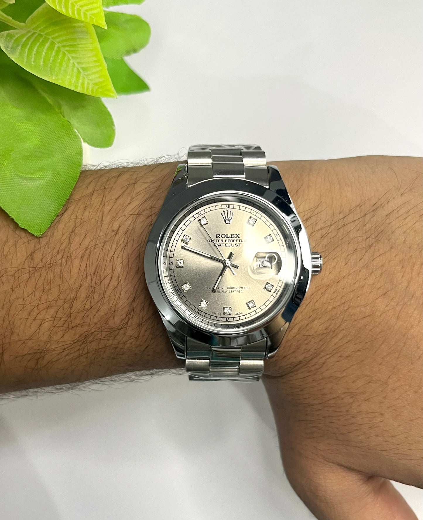 Rolex Datejust Style — Silver Diamond Dial, Two-Tone Silver Bracelet⌚