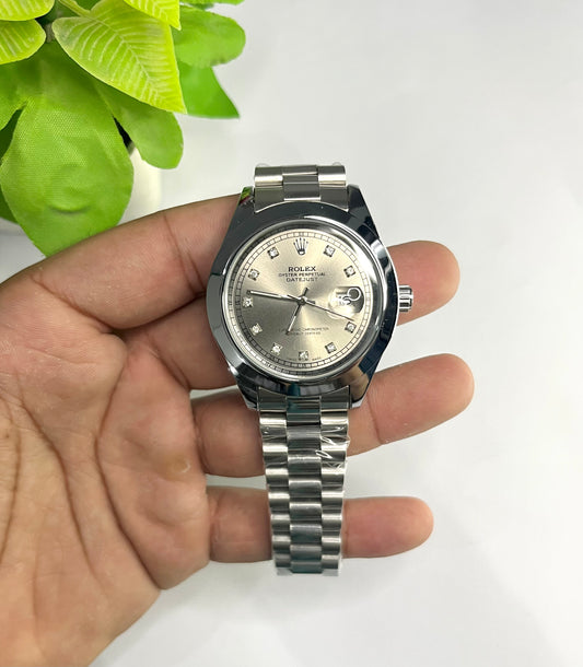 Rolex Datejust Style — Silver Diamond Dial, Two-Tone Silver Bracelet⌚