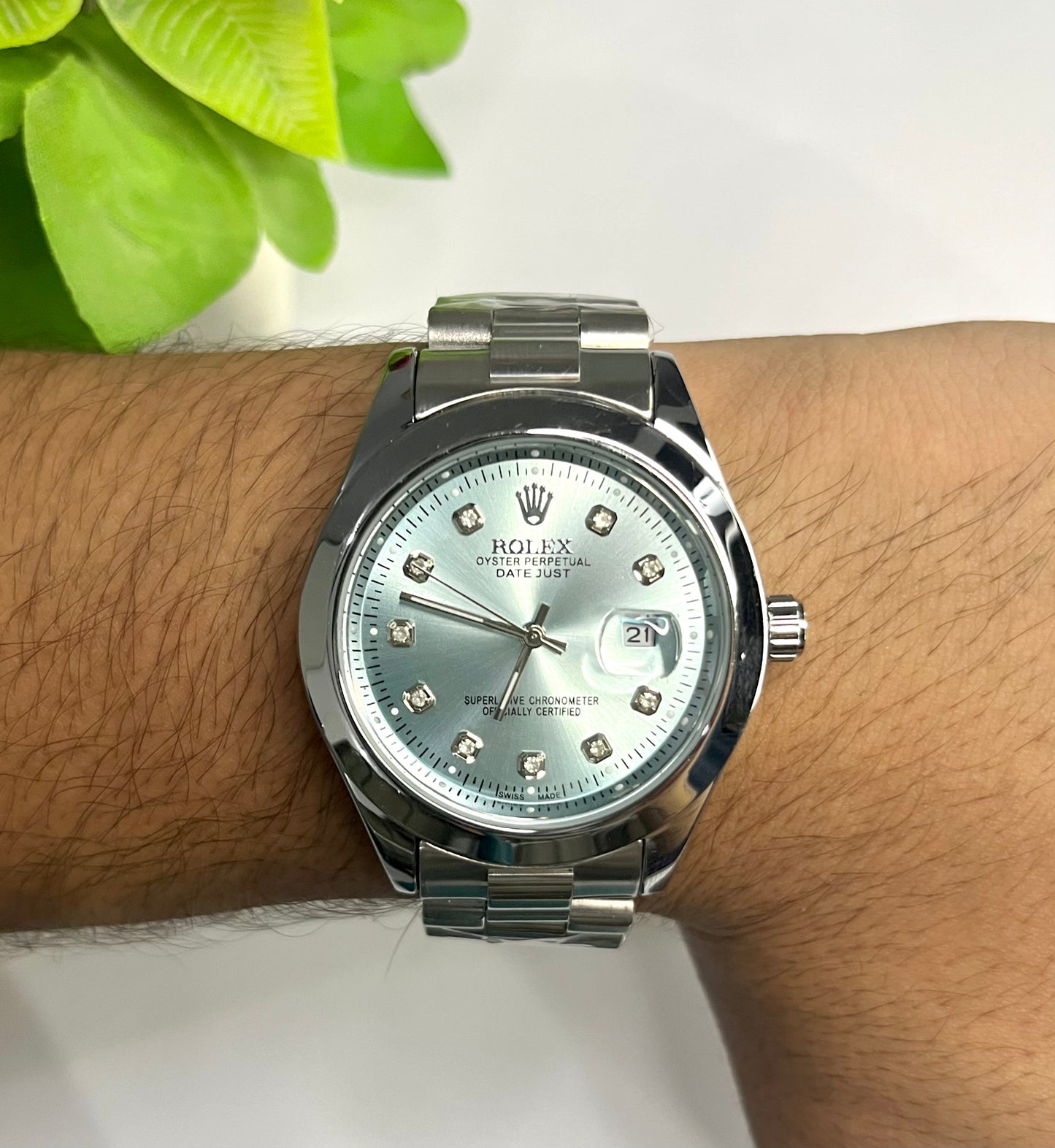 Rolex Datejust Style — Ice Blue Diamond Dial, Silver Bracelet⌚