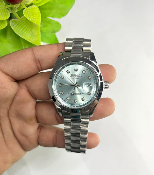 Rolex Datejust Style — Ice Blue Diamond Dial, Silver Bracelet⌚