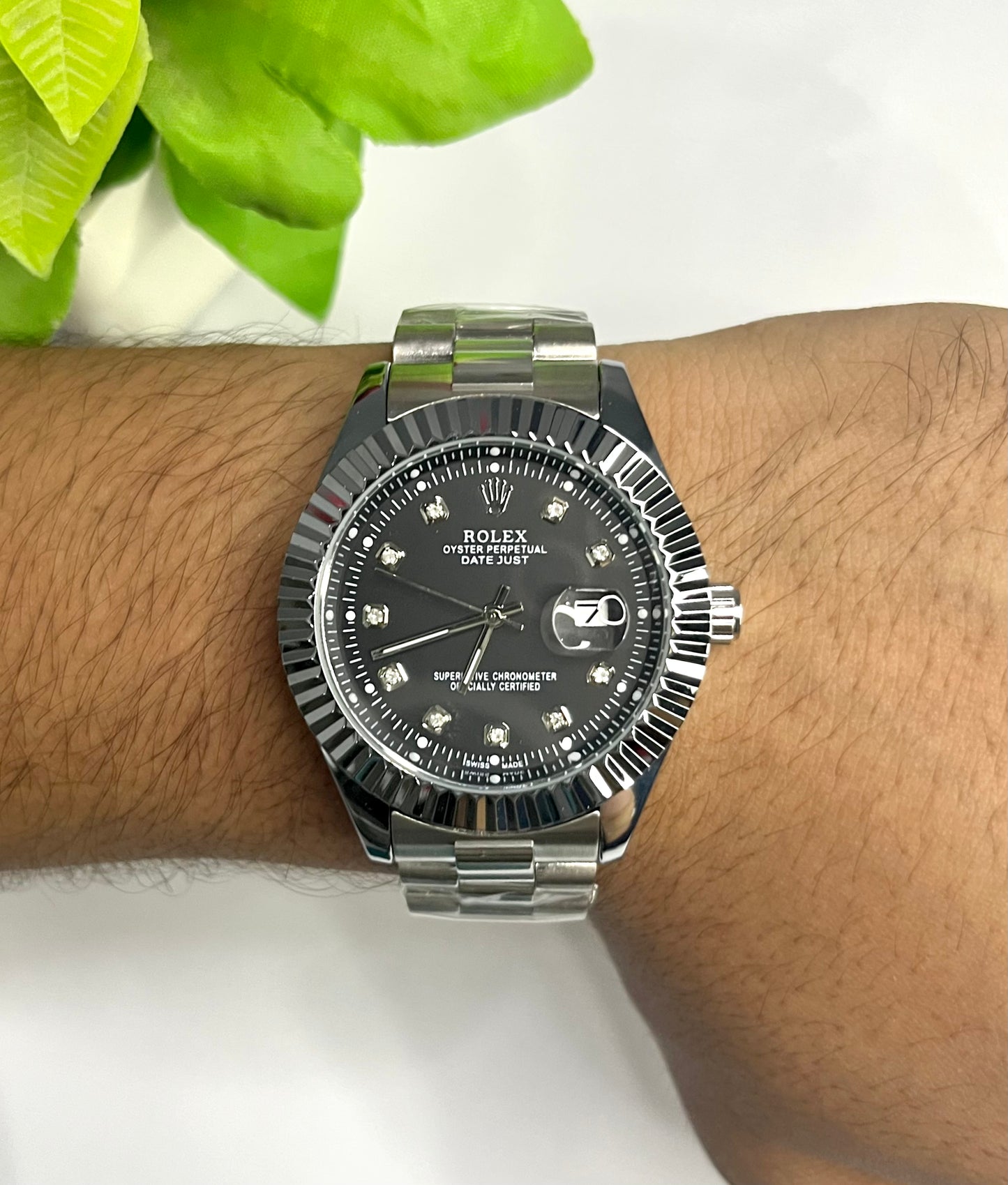 Rolex Datejust Style – Black Diamond Dial, Silver Bracelet⌚