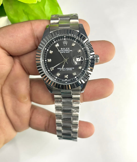 Rolex Datejust Style – Black Diamond Dial, Silver Bracelet⌚