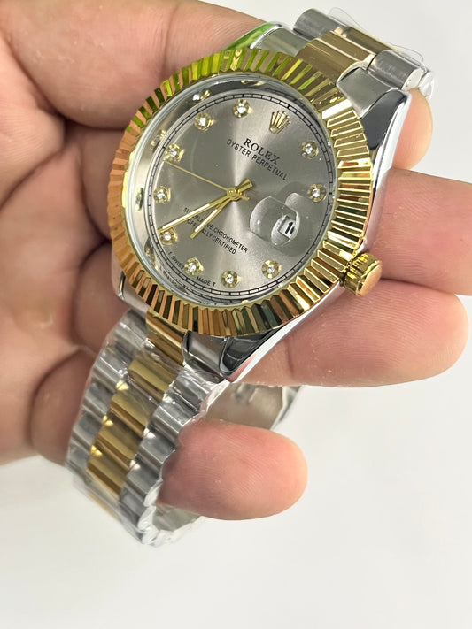 Rolex Datejust Style — Silver Diamond Dial, Two-Tone Gold/Silver Bracelet⌚