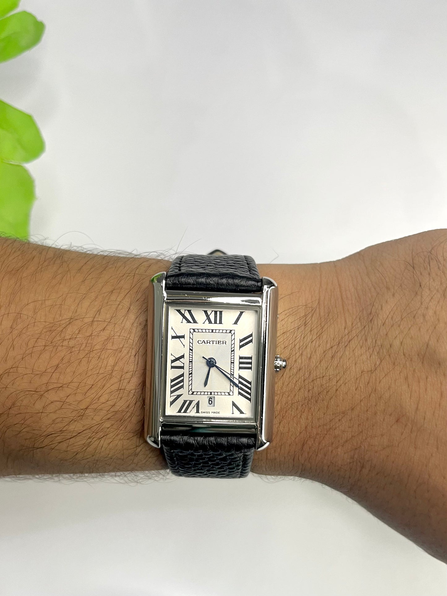 Cartier Tank Style — White Roman Numeral Dial, Black Leather Strap⌚