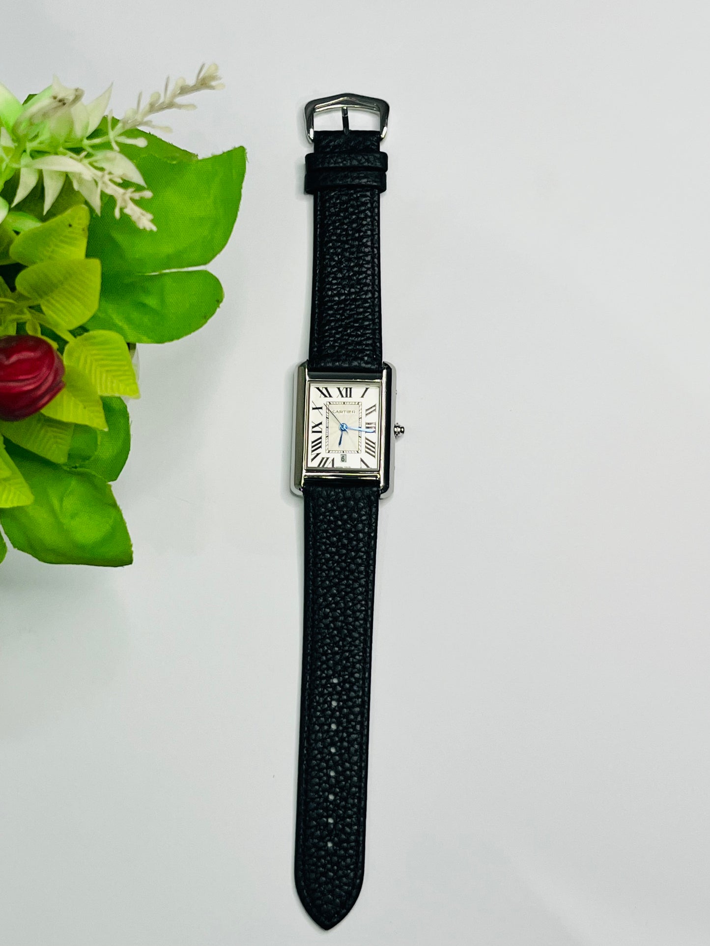 Cartier Tank Style — White Roman Numeral Dial, Black Leather Strap⌚