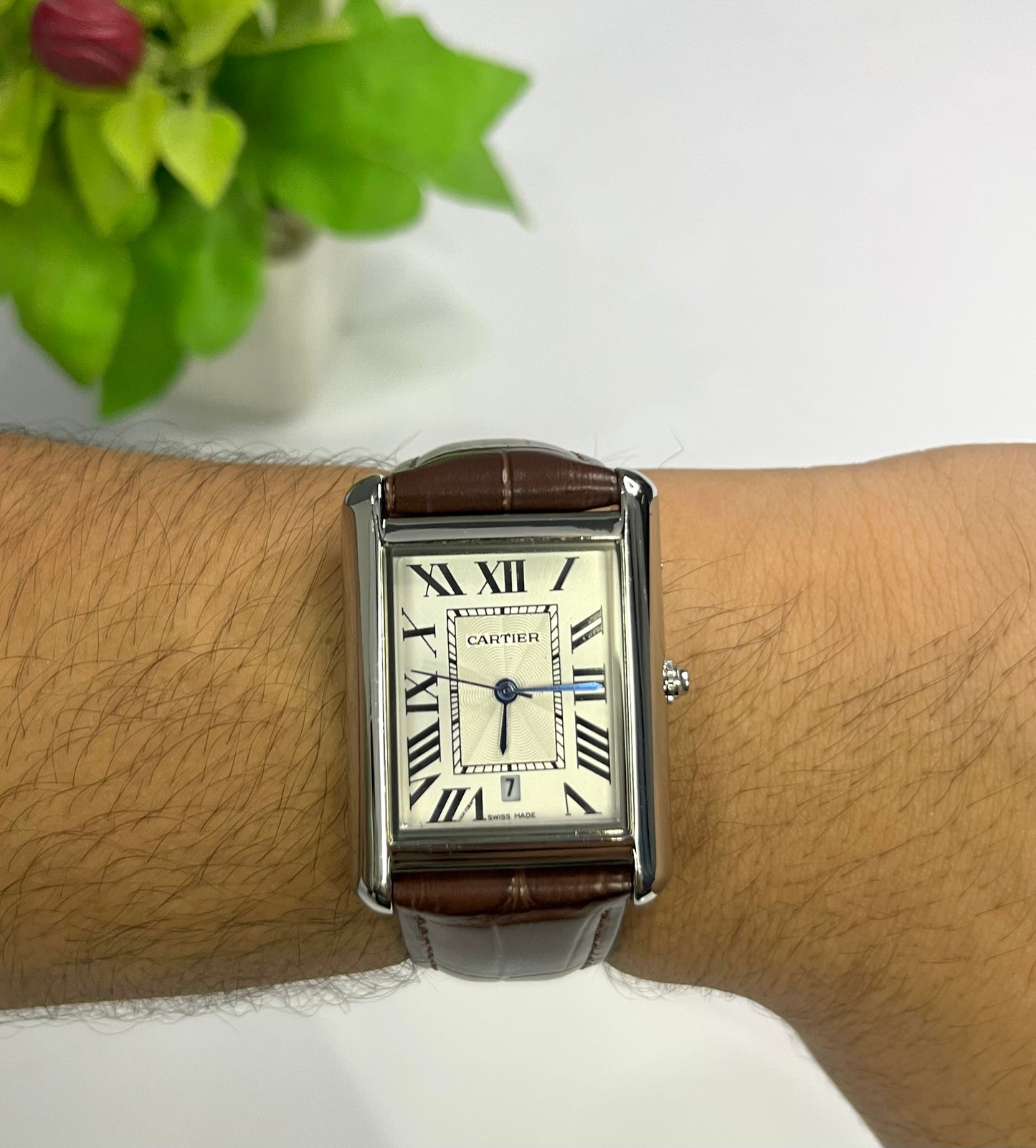 Cartier Tank Style — White Roman Numeral Dial, Brown Leather Strap⌚